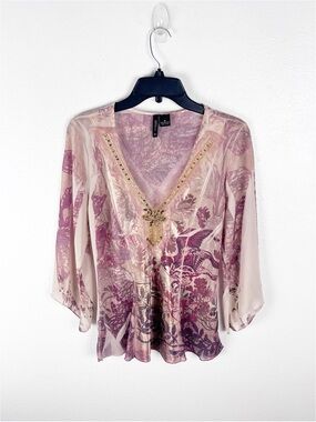 NEW DIRECTIONS Multicolored Beaded Sheer Long Sleeves Flowy Top Size Medium Y2K